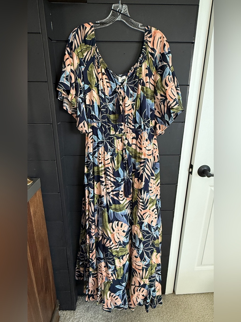 Label of Love Navy Tropical Leaf Maxi Dress with Pink & Olive Accents